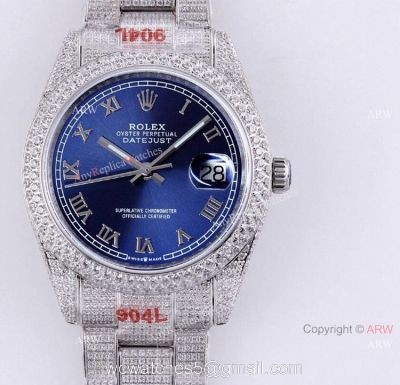 Diamond Rolex Datejust Blue Dial Roman Numerals Automatic Watch Best Replica 1