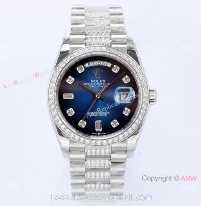 (EWF) Super Clone Swiss 3255 Rolex Day-Date Diamond 36mm Wrist Blue Gradient Center Diamond Strap 1