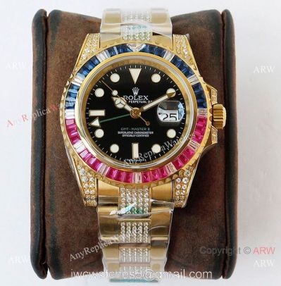 (ROF) AAA Swiss Rolex GMT-Master II Yellow Gold Rainbow Bezel Custom Luxury Watch 1