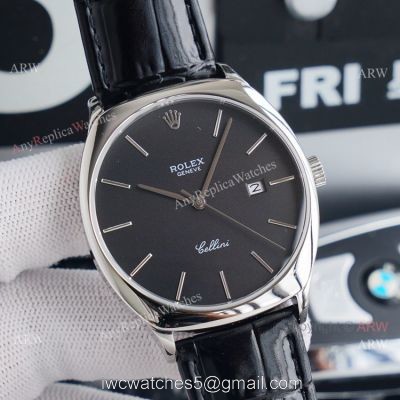 Stainless Steel Rolex Cellini Black Dial Black Leather Strap Replica Watch 1