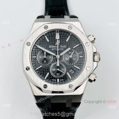 Best Copy Audemars Piguet Chronograph Royal Oak Watch Black Leather Strap 1
