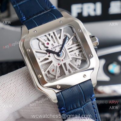 (TW ) Best Skeleton Santos De Cartier Stainless Steel Copy Watch With Blue Leather Band 1
