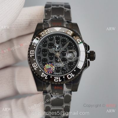 Swiss Copy Rolex Black Blaken GMT-Master II Watch Skull Dial 40mm 1