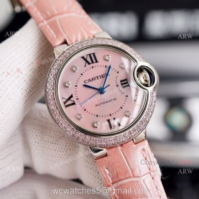 New Cartier Ballon Bleu 33mm With Diamonds Bezel Pink MOP Dial Pink Leather Strap Copy Watch 1