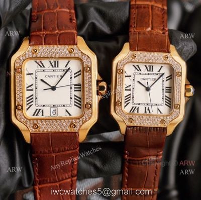 Replica Cartier Santos Yellow Gold White Dial Watch With Diamonds For Men And Women 1