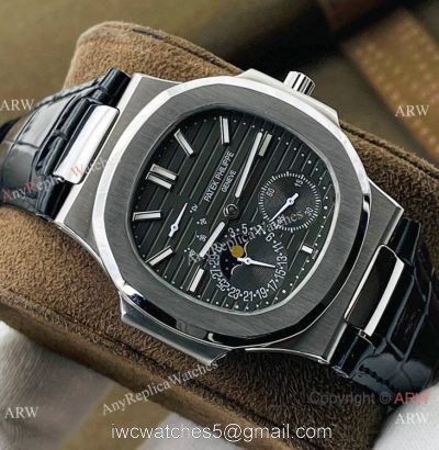 (PF Factory) Swiss Replica Patek Philippe Nautilus Moonphase Watch Black Dial Black Leather Strap 1
