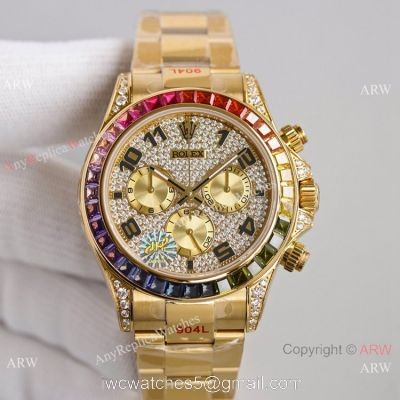 2021 NEW! Swiss Rolex Daytona JH 7750 Watch Rainbow Bezel Arabic Diamond Dial Yellow Gold 1
