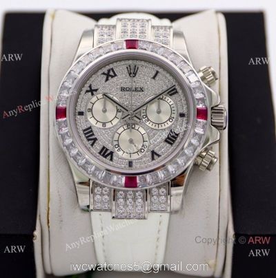 R7 Swiss Copy Rolex 116599 Daytona Paved Diamond Watch White Leather Strap 1