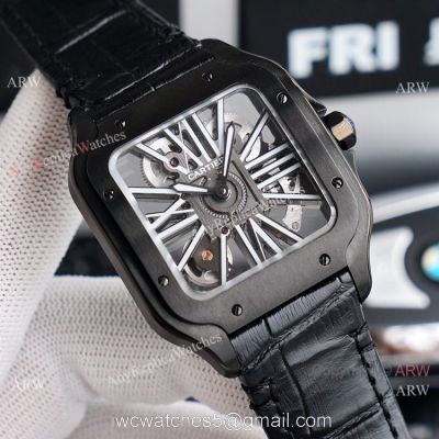 (TW ) Skeleton Santos De Cartier In All Black Leather Strap Watch High End Replica For Men 1