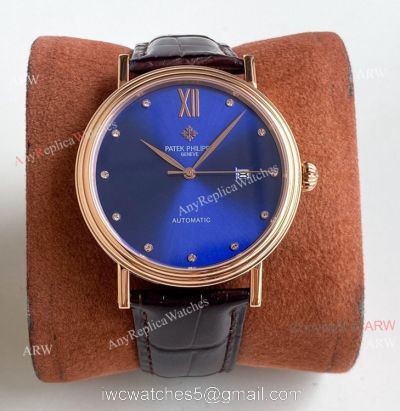 Swiss Replica Patek Philippe Calatrava Classic Watch Blue Face Brown Leather Strap For Men 1