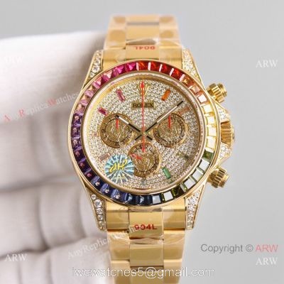 2021 NEW! Swiss Copy Rolex Daytona JH 7750 Watch Rainbow Yellow Gold Full Diamond Dial 1
