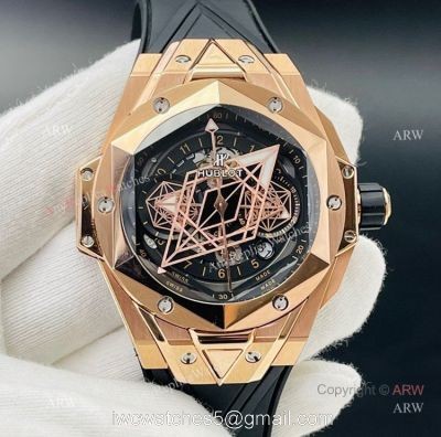 Replica Rose Gold Hublot Big Bang Sang Bleu 45 Watch Asia 7750 With Black Rubber Band 1