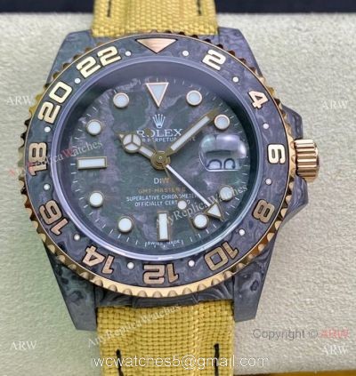 2021 Super Clone Rolex Diw GMT-Master 2 Watch JH Factory Cal.3186 Movement Carbon Case Khaki fabric Leather Strap 1