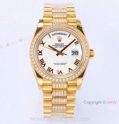 (EW) Swiss Copy Rolex Day Date Watch 36 Yellow Gold Center Diamond Strap 1