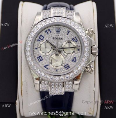 R7 Swiss Replica Rolex Cosmograph Daytona Paved Diamond Watch Blue Leather Strap 1