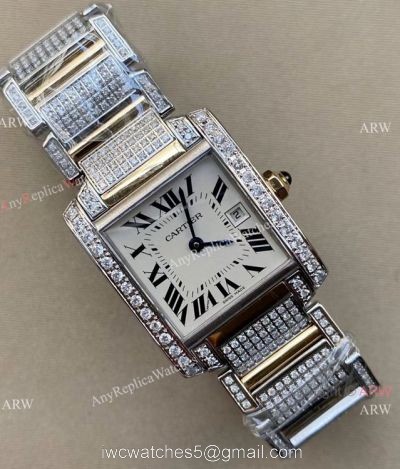 Iced Out Cartier Tank Francaise Stainless Steel Watch Large Size 1