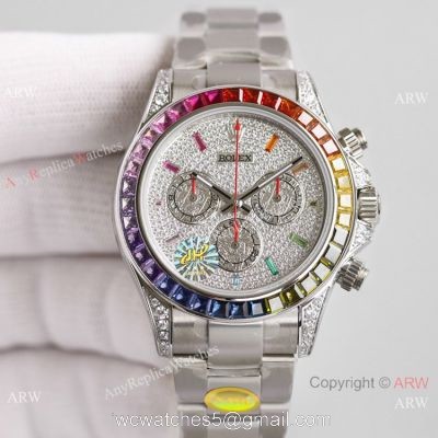 2021 NEW! JH Swiss Rolex Daytona 7750 Watch Rainbow Stainless Steel Full Diamond Face 1