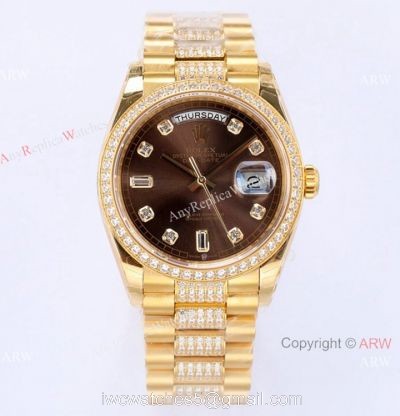 (EW) Swiss 1-1 Replica Rolex 36mm Day-Date Watch Chocolate Dial Center Diamonds Band 1