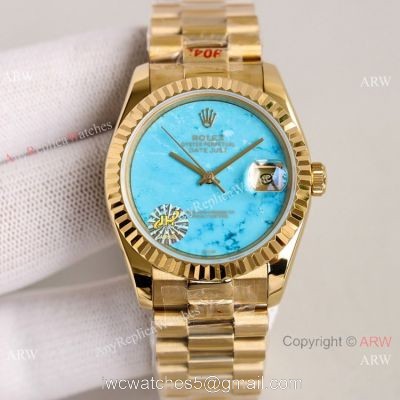2021 NEW! Swiss Replica Rolex Oyster Perpetual Datejust 36mm Turquoise Dial Yellow Gold Watch 1