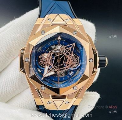 Replica Hublot Big Bang Watch Hublot Sang Bleu 45mm Rose Gold Blue Rubber Straps 1