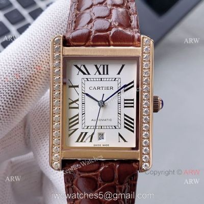 High Quality Replica Rose Gold Cartier Tank Automatic Watch With Diamond Bezel 1