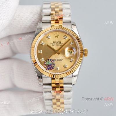 Swiss Grade Copy Rolex Oyster Perpetual Datejust 36mm Watch eta2836 Champagne Dial with Diamond 1