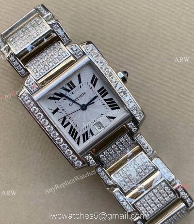 Iced Out Cartier Tank Francaise Replica Watch Stainless Steel Men 1