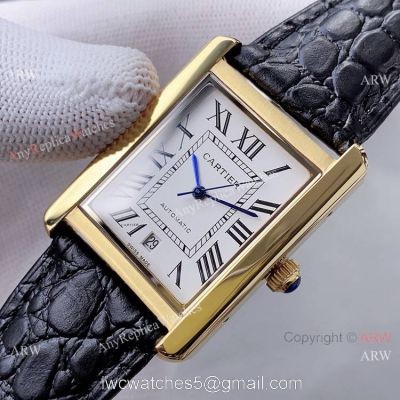 Yellow Gold Cartier Tank Automatic Copy Watch In Black Leather Strap White Dial 1