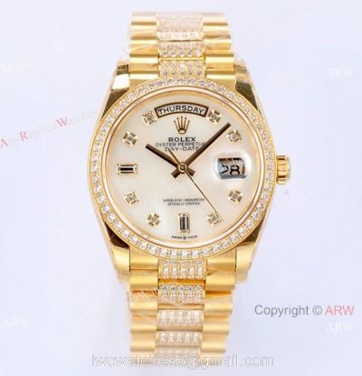(EW) Swiss 1:1 Copy Rolex DayDate 36mm Watch White Mother Pearl Dial Center Diamond Strap 1