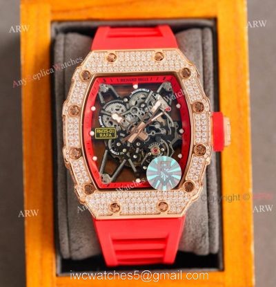 (RM Factory) Knockoff Diamond Richard Mille RM35 01 Rose Gold Watch Red Rubber Band 1