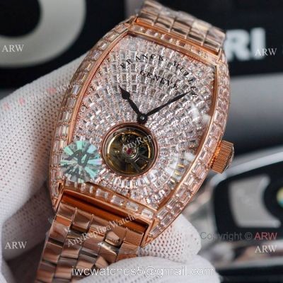 Clone Franck Muller Cintree Curvex Flying Tourbillon Watch 43mm Iced Out Rose Gold 1