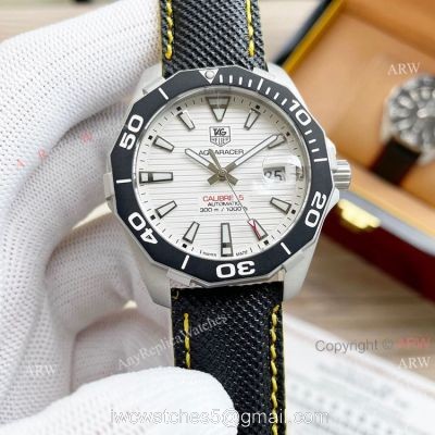High Copy Tag Heuer Aquaracer Calibre 5 Automatic Watch 44mm White Face Black Leather Strap 1