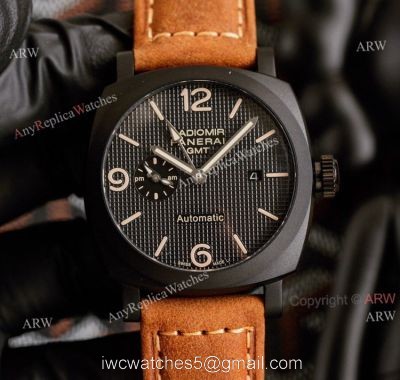 All Black Panerai Radiomir GMT Automatic Watch 45mm Brown Leather Strap High Copy 1
