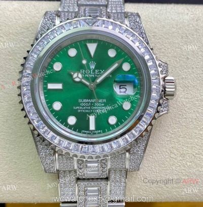 Swiss Replica Rolex Submariner 2836 Iced Out Watch 904L Stainless Steel Green Face 40mm 1
