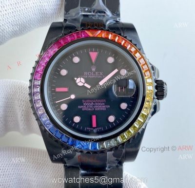 Replica Blaken Rolex Submariner Pink Markers Watch 40mm Rainbow Diamond Bezel Swiss Made 1
