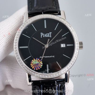 Asia 2824 Piaget Altiplano Black Dial Black Leather Strap Knockoff Watch With Diamond Bezel 1