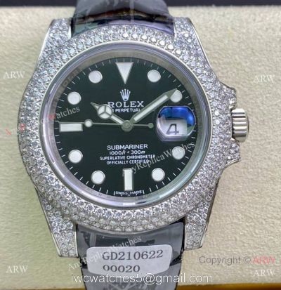 Swiss Quality Rolex Submariner Limited Edition Watch Iced Out Leather Strap 1