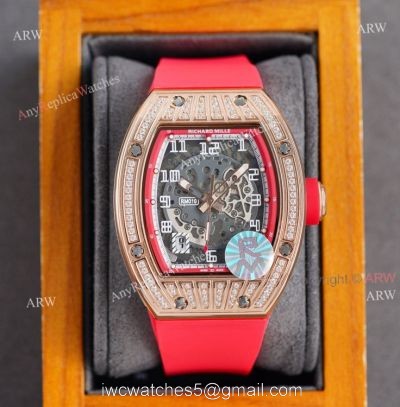 (RM Factory) Knockoff Richard Mille Rm010 Rose Gold Skeleton Watch Red Rubber Strap 1