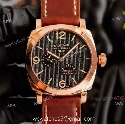 High Quality Replica Panerai Radiomir GMT Black Dial Rose Gold Watch 45mm Brown Leather Band 1