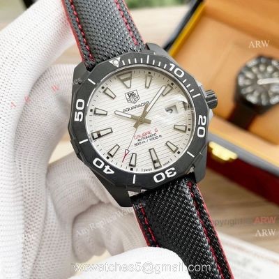 Tag Heuer Aquaracer Calibre 5 White Face 44 Replica Watch Black Steel Black Leather Strap 1