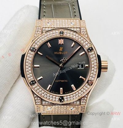 HB V3 version Hublot Classic Fusion Iced Out Watch Rose Gold Gray Dial Super Clone HUB1213 Movement 1