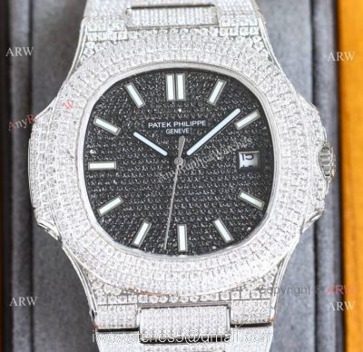 Swiss Grade One Patek Philippe Iced Out Nautilus 9015 Watch BlackSilver Diamond 1