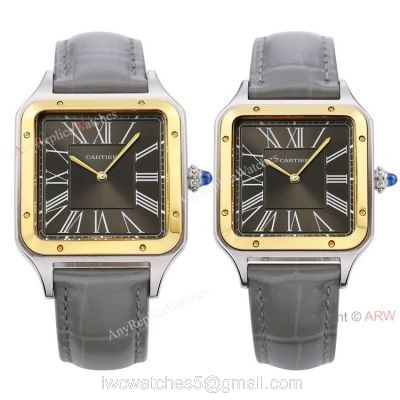 Buy The Best Cartier Santos Dumont Couple Watches Grey Dial Grey Leather Strap Replica 1