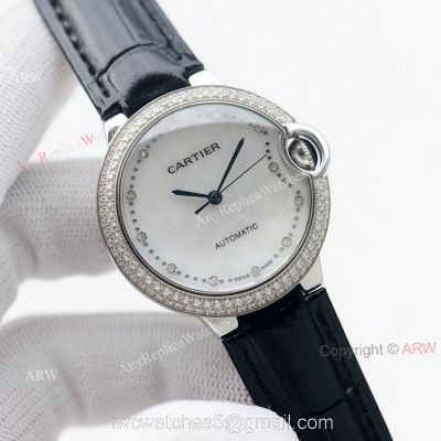 Swiss Quality Knockoff Cartier Ballon Bleu 36mm Automatic Watch With Diamond Bezel Black Leather Strap 1