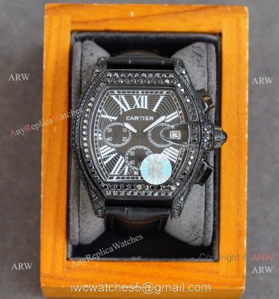 Iced Out Cartier Roadster All Black Watches Leather Strap 1