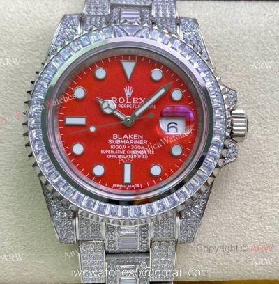 Swiss Replica Rolex BLAKEN Submariner 2836 Iced Out Watch 904L Stainless Steel Red Dial 1