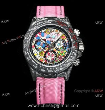 New! TW Swiss Rolex Carbon-Lime Daytona 7750 Watch Pink Fabric Leather Band 1