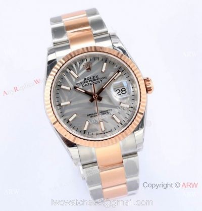 (EW) EW Factory Swiss 3235 Rolex Datejust 36 Gray Palm 2021 Watch 2-Tone Rose Gold Case 1