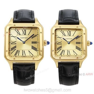 TWF Yellow Gold Cartier Santos-Dumont Gold Face Black Leather Strap Copy Watch For Men And Women 1