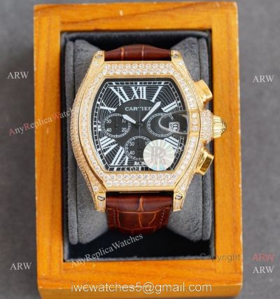 Iced Out Cartier Roadster Chronograph Watches Yellow Gold Case 1